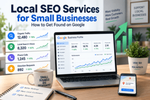 Local SEO services for small businesses showing SEO growth, Google Business Profile analytics, local search views, phone calls, and website traffic