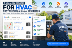 Local SEO services for HVAC businesses showing Google local search rankings, customer leads, and business growth